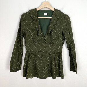 J. Crew Womens 4 Green Polka Dot Ruffle Blouse Peplum Hem Shirt Top